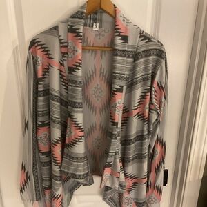 Myobe - Geometric Patterned Open Front Cardigan - Pink Gray White - Ladies 2XL